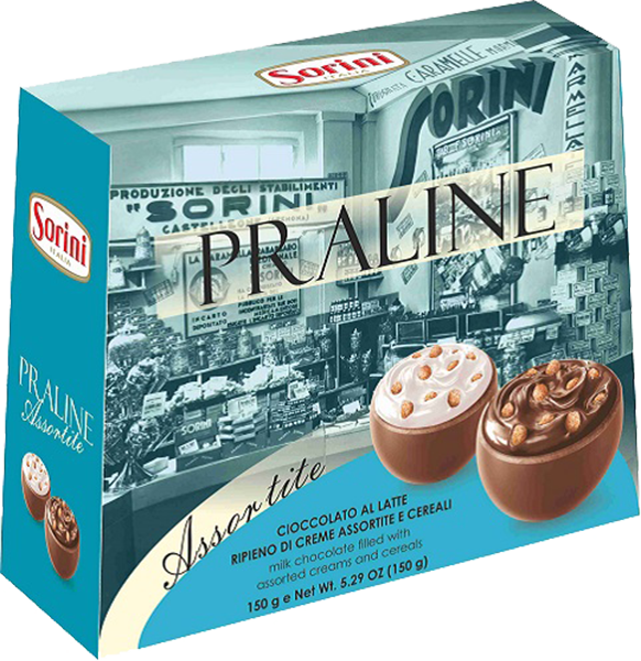 Сорини Пралине Ассорти конфеты из молочного шоколада с начинкой из шоколадного и сливочного пралине и злаками 0.15 л